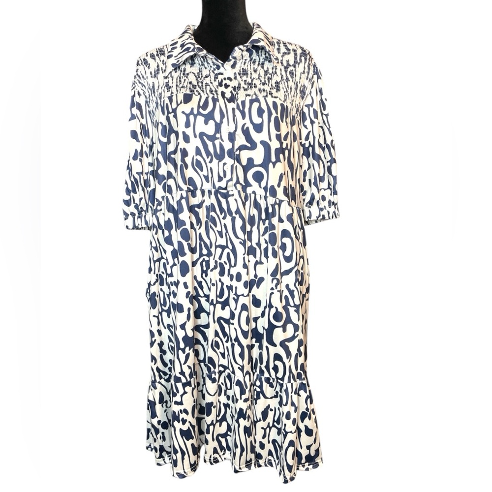 Fashion Blue and White Patterned Midi Button Down Top Dress